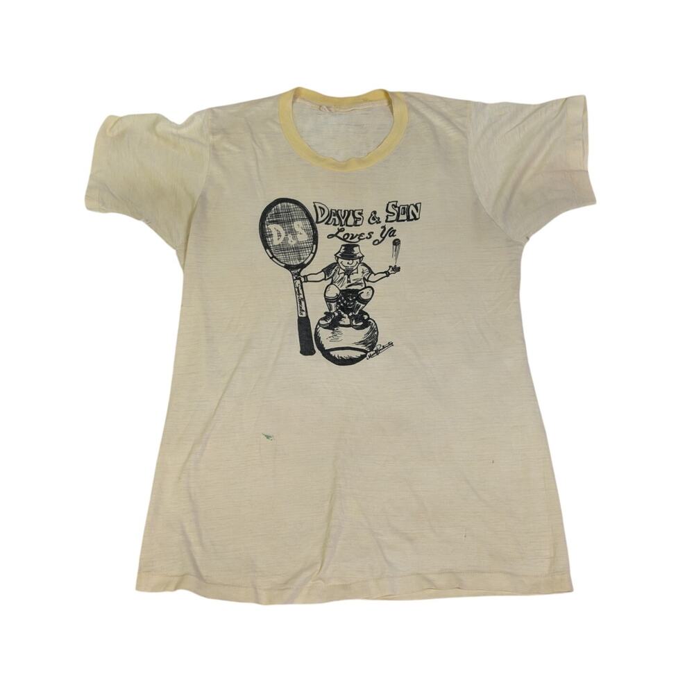 Vintage 70s Tennis Ringer T Shirt Davis & Son Loves Ya Graphic Single Stitch L